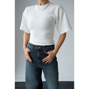 Yarasa Kol Ekru Renk T-Shirt Bel Fermuar Detaylı - Tasarım Ürün - EKRU - L