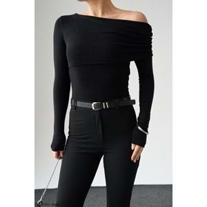 Yeni Sezon Madonna Döküm Yaka Tek Omuz Viskon Body - Bluz - SİYAH - L