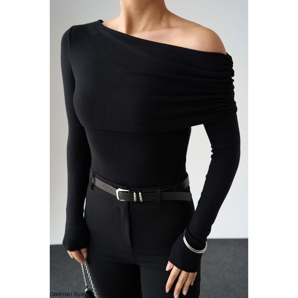 Yeni Sezon Madonna Döküm Yaka Tek Omuz Viskon Body - Bluz - SİYAH - L