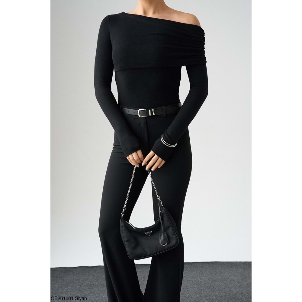 Yeni Sezon Madonna Döküm Yaka Tek Omuz Viskon Body - Bluz - SİYAH - L