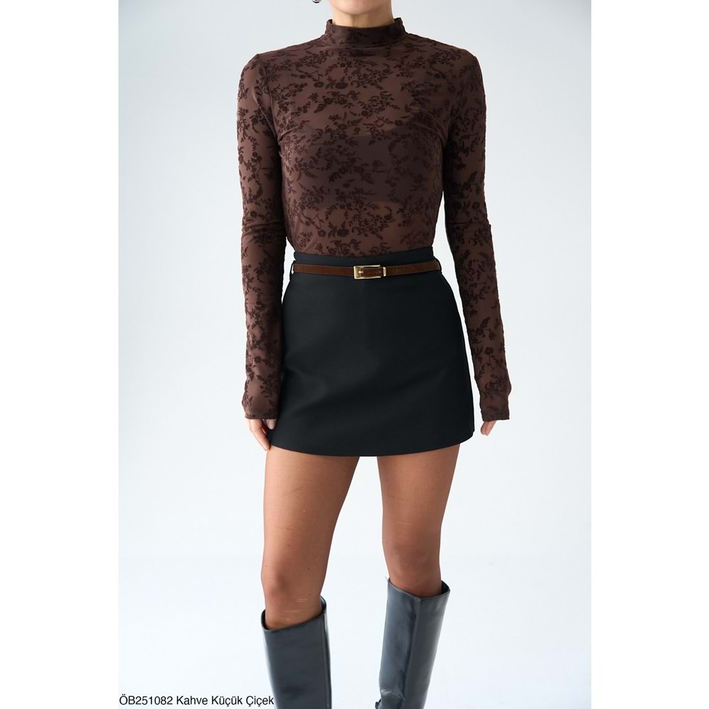 Yeni Sezon Transparan Mini Çiçek Desenli Bluz - KAHVERENGİ - L