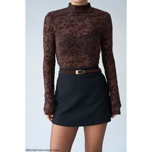 Yeni Sezon Transparan Mini Çiçek Desenli Bluz - KAHVERENGİ - L