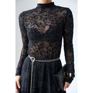 Yeni Sezon Transparan Mini Çiçek Desenli Bluz - SİYAH - L