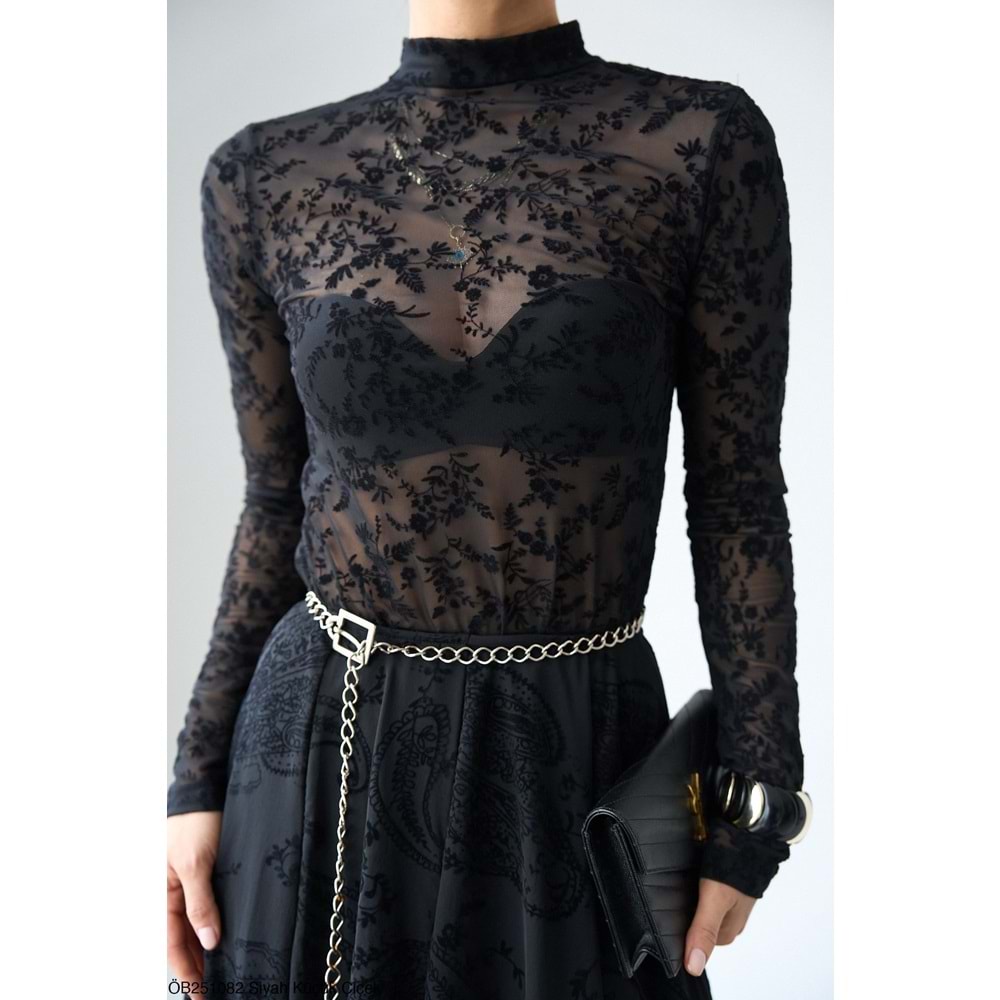 Yeni Sezon Transparan Mini Çiçek Desenli Bluz - SİYAH - L