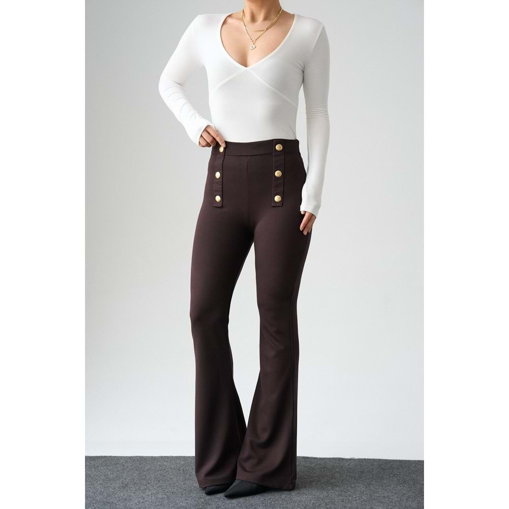 Bel Gold Düğme Detaylı Interlok İspanyol Paça Pantolon - KAHVERENGİ - L