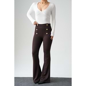 Bel Gold Düğme Detaylı Interlok İspanyol Paça Pantolon - KAHVERENGİ - L