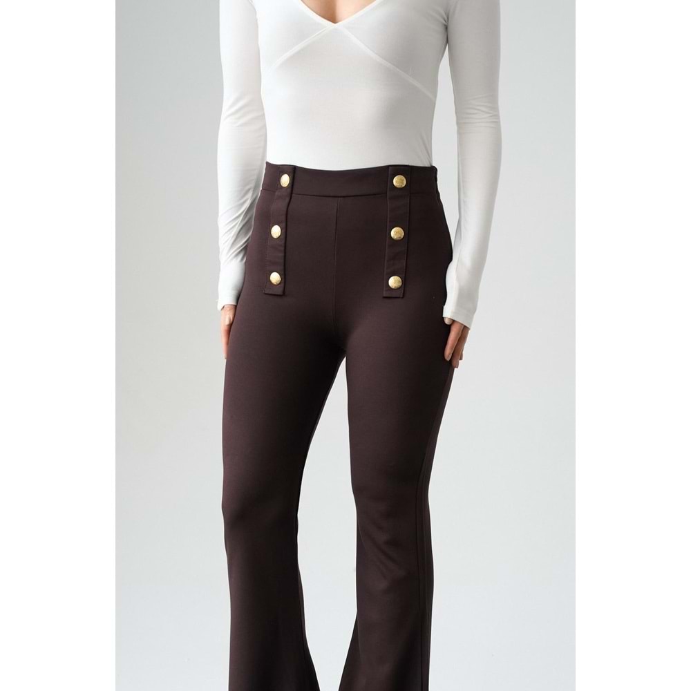 Bel Gold Düğme Detaylı Interlok İspanyol Paça Pantolon - KAHVERENGİ - L