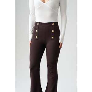 Bel Gold Düğme Detaylı Interlok İspanyol Paça Pantolon - KAHVERENGİ - L