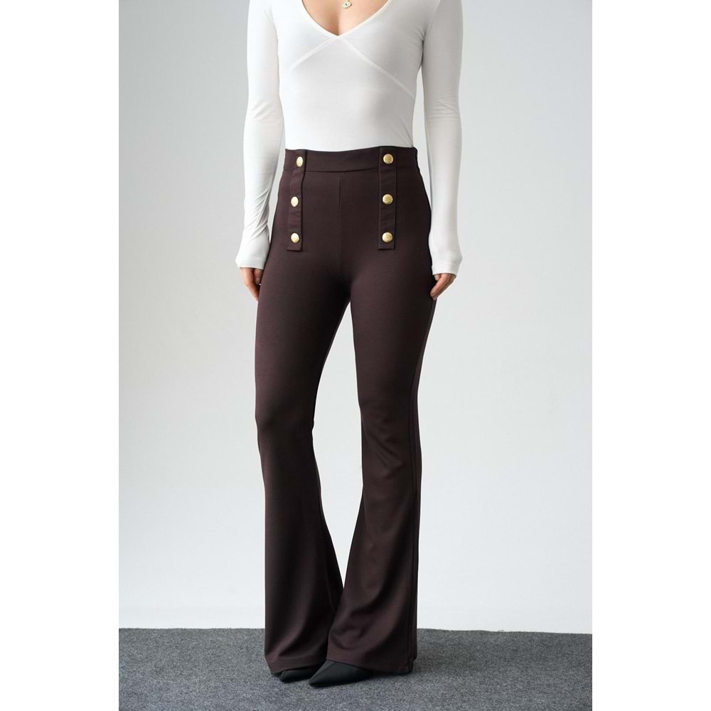 Bel Gold Düğme Detaylı Interlok İspanyol Paça Pantolon - KAHVERENGİ - L