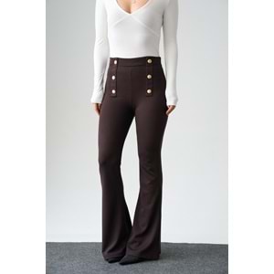 Bel Gold Düğme Detaylı Interlok İspanyol Paça Pantolon - KAHVERENGİ - L