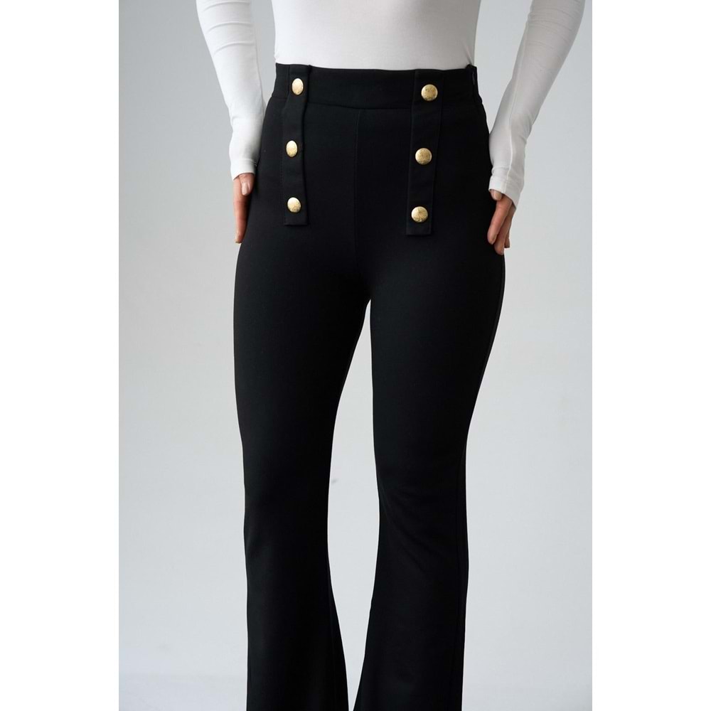 Bel Gold Düğme Detaylı Interlok İspanyol Paça Pantolon - SİYAH - L