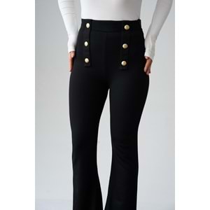 Bel Gold Düğme Detaylı Interlok İspanyol Paça Pantolon - SİYAH - L