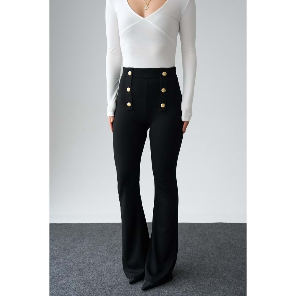 Bel Gold Düğme Detaylı Interlok İspanyol Paça Pantolon - SİYAH - L
