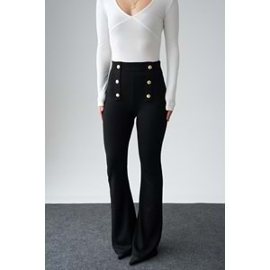 Bel Gold Düğme Detaylı Interlok İspanyol Paça Pantolon - SİYAH - L