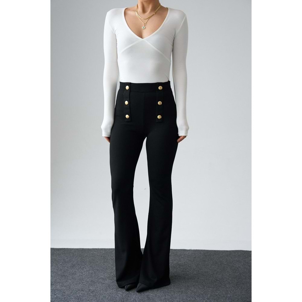 Bel Gold Düğme Detaylı Interlok İspanyol Paça Pantolon - SİYAH - L