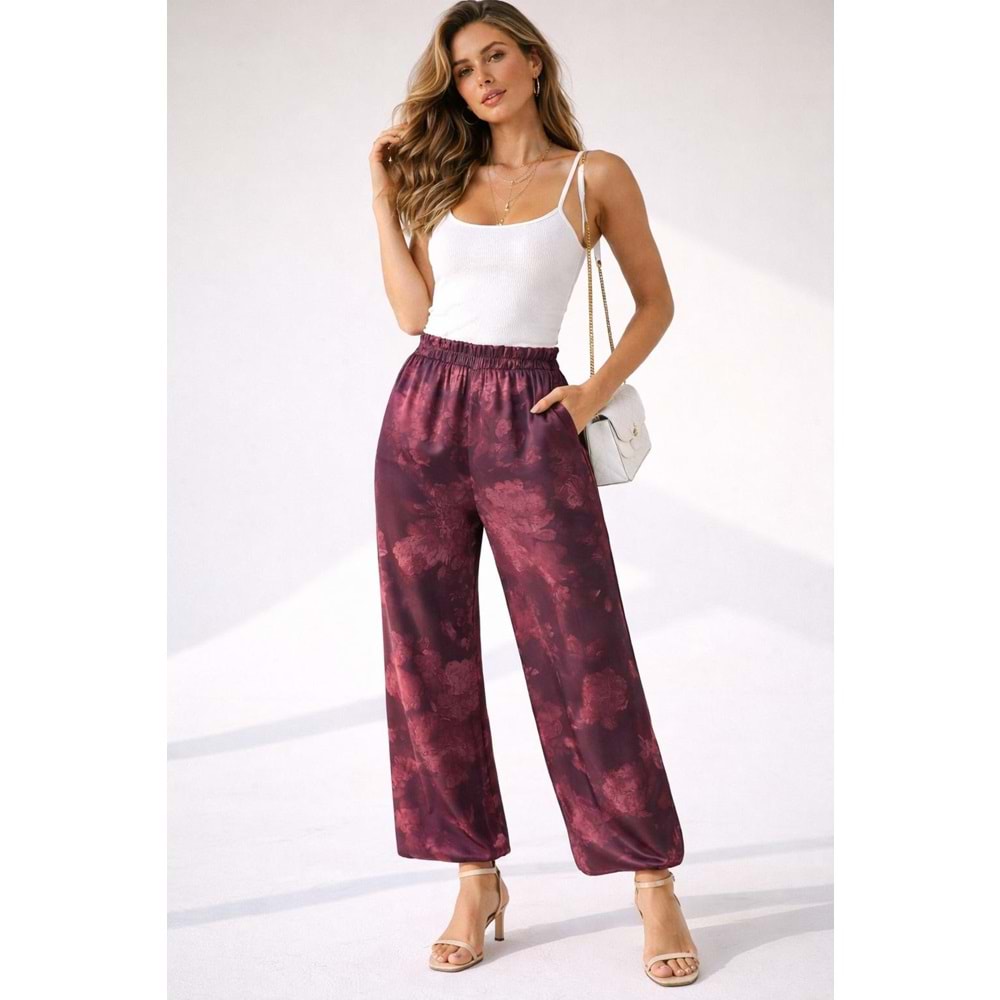 Saten Kumaş Paça Lastikli Şalvar Pantolon Premium Kalite - BORDO - L