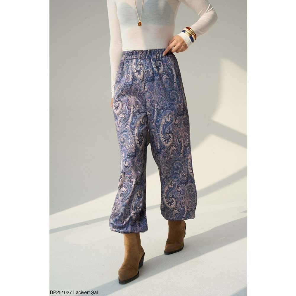 Saten Kumaş Paça Lastikli Şalvar Pantolon Premium Kalite - MAVİ - L