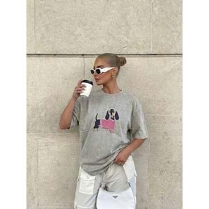 Yıkamalı Taş Renk Sevimli Sosis Köpek Tasarım Oversize T-Shirty