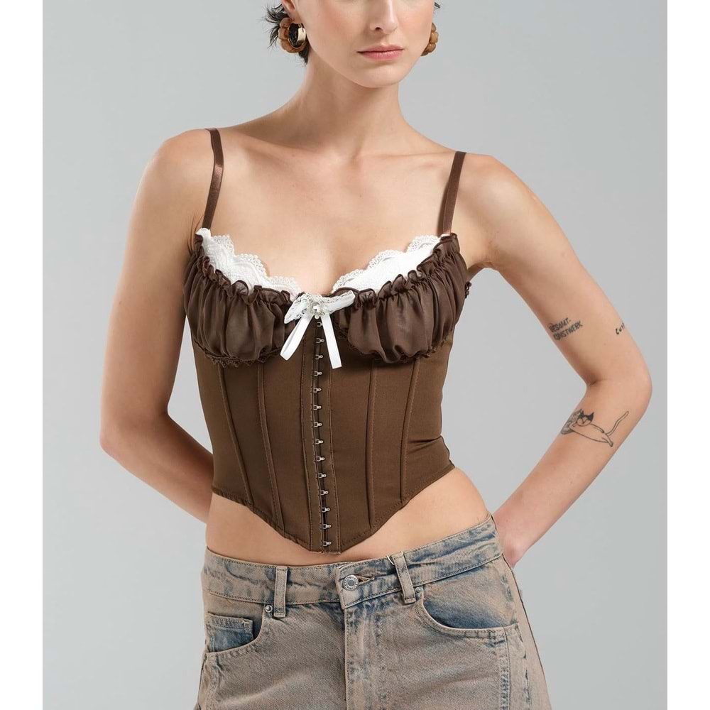 Kopça Kapamalı Tasarım Korse Büstiyer - Premium Kalite Bluz - KAHVERENGİ - L