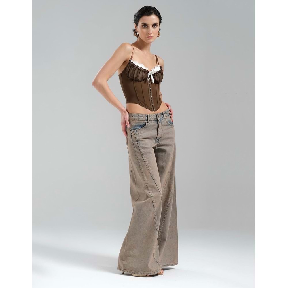 Kopça Kapamalı Tasarım Korse Büstiyer - Premium Kalite Bluz - KAHVERENGİ - L