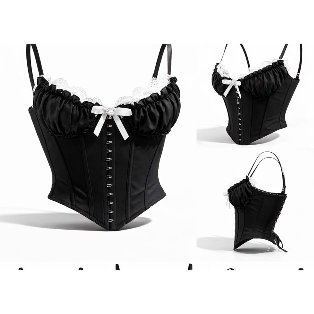 Kopça Kapamalı Tasarım Korse Büstiyer - Premium Kalite Bluz - SİYAH - L