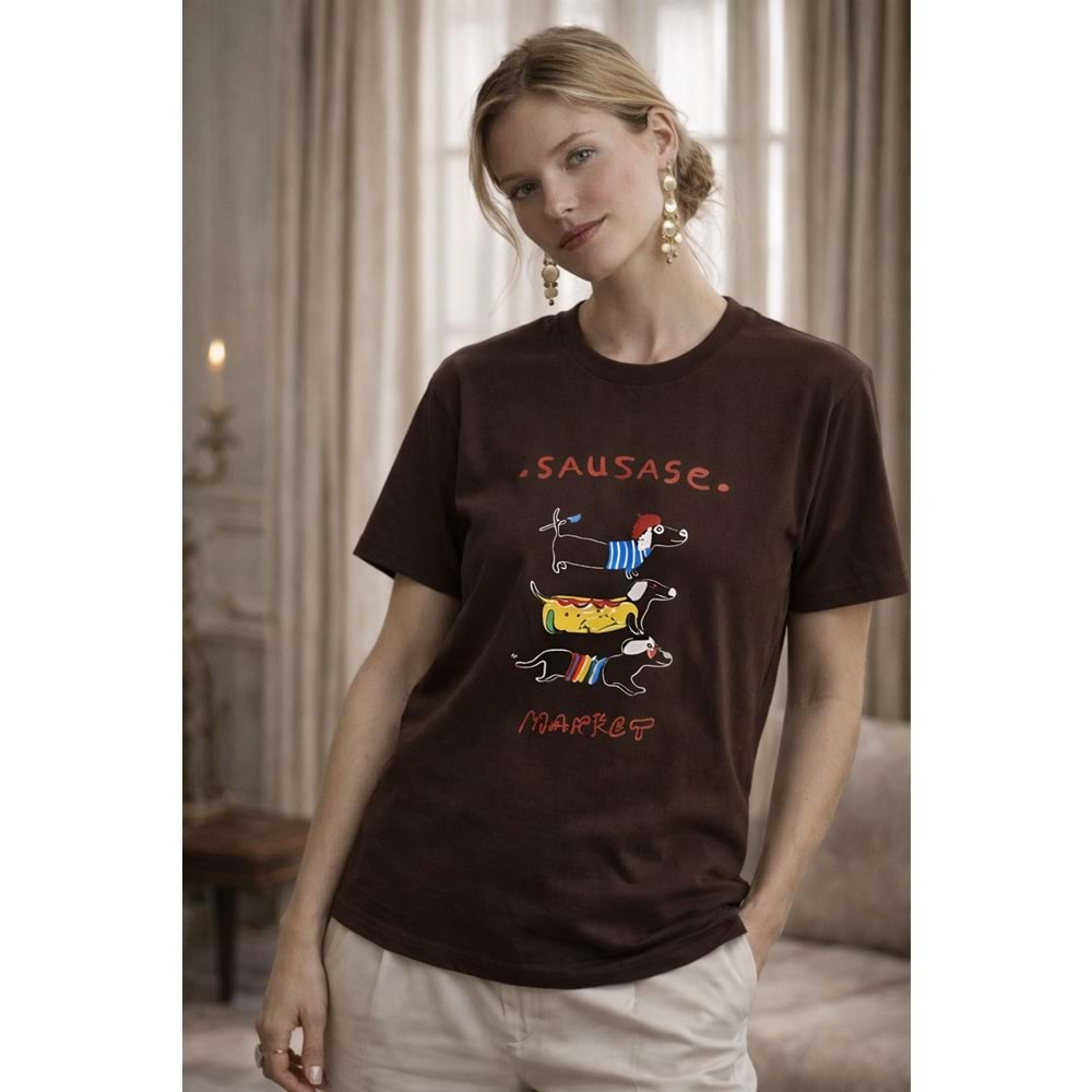 Sausage Market Baskılı Kahverengi Kadın T-Shirt – Premium Pamuk - KAHVERENGİ - L