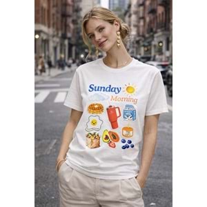 Sunday Morning Baskılı Beyaz Kadın T-Shirt – Renkli Premium Pamuk - BEYAZ - L