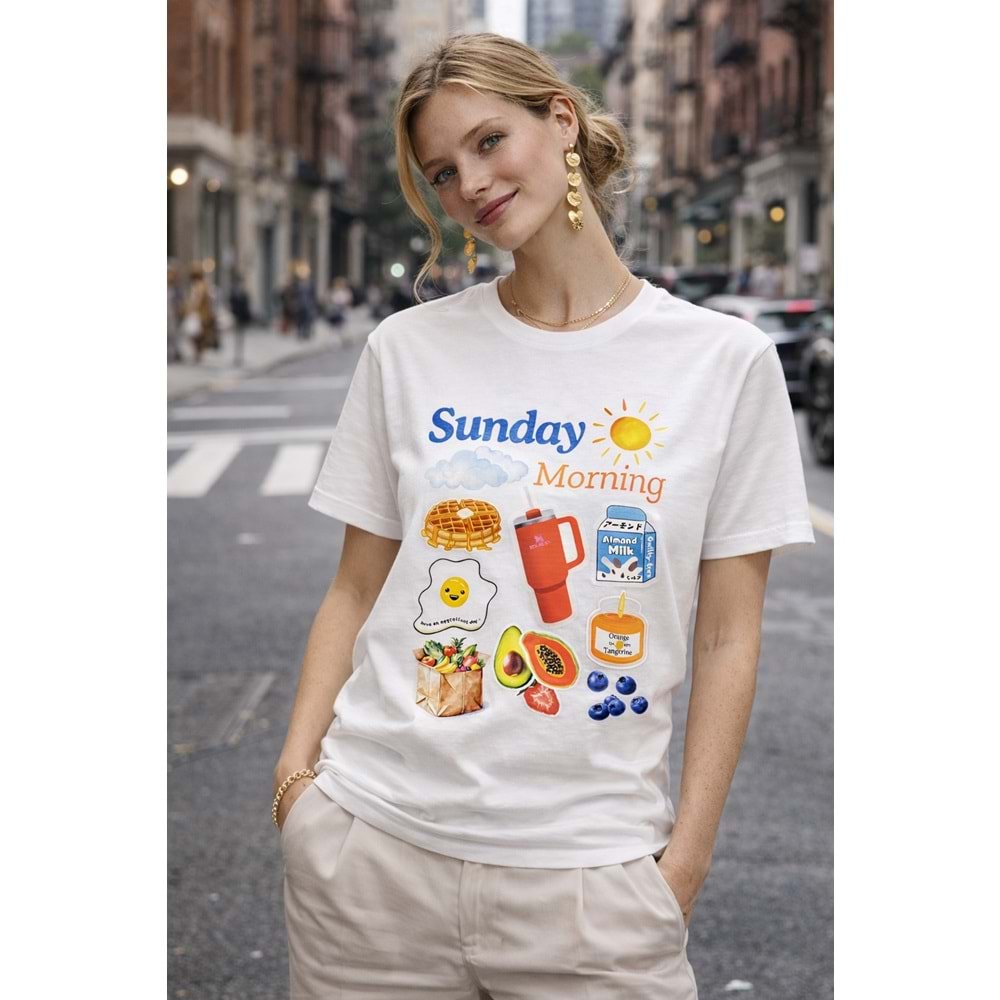 Sunday Morning Baskılı Beyaz Kadın T-Shirt – Renkli Premium Pamuk - BEYAZ - S