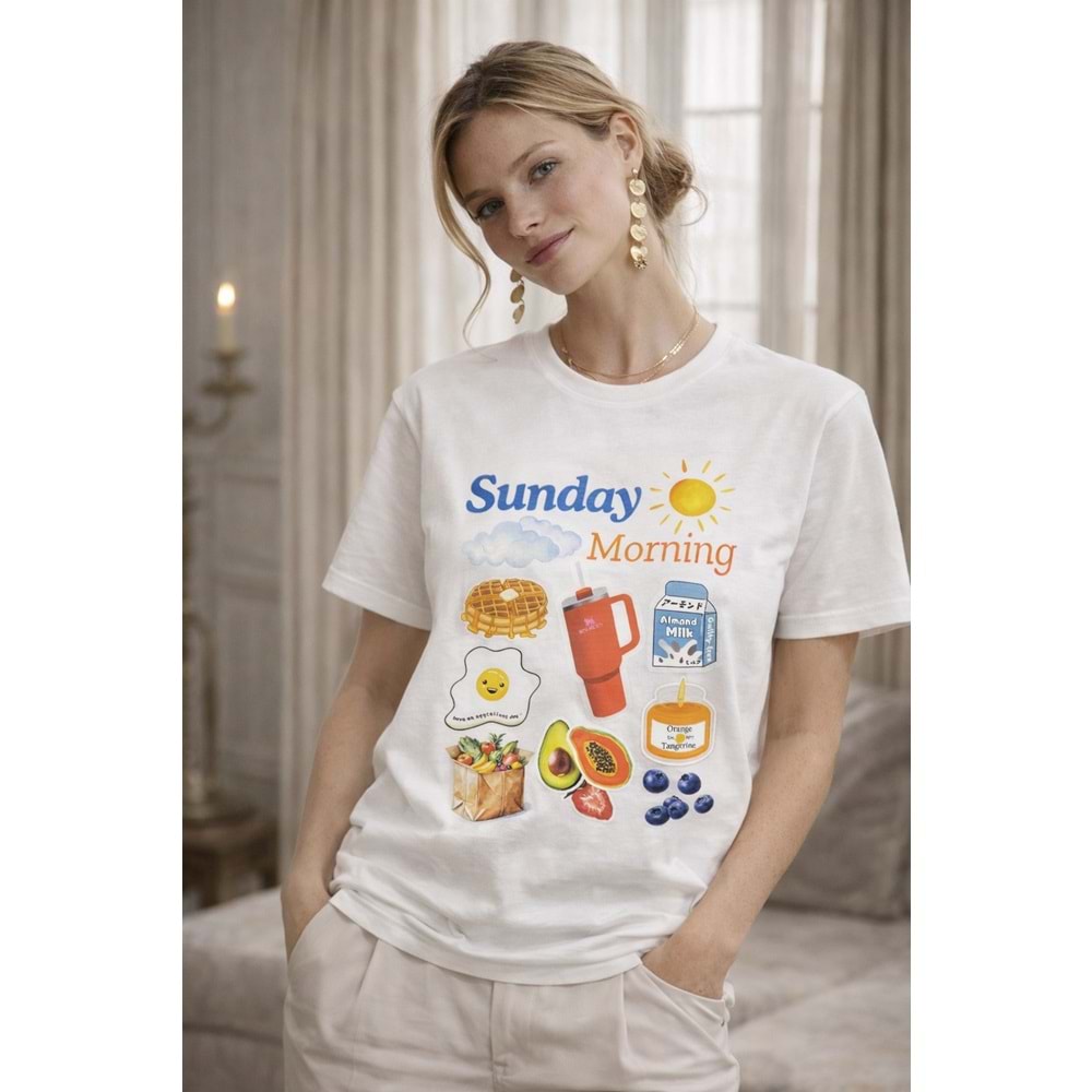Sunday Morning Baskılı Beyaz Kadın T-Shirt – Renkli Premium Pamuk - BEYAZ - S