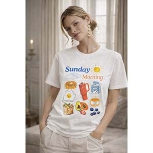 Sunday Morning Baskılı Beyaz Kadın T-Shirt – Renkli Premium Pamuk - BEYAZ - S