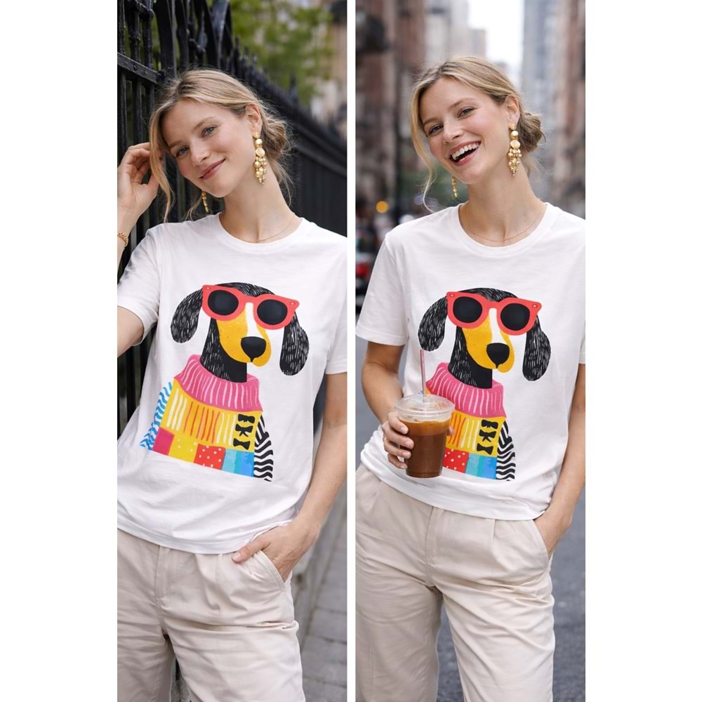 Renkli Köpek Baskılı Beyaz Kadın T-Shirt – Premium Pamuk Graphic Model - ÇOK RENKLİ - L