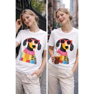 Renkli Köpek Baskılı Beyaz Kadın T-Shirt – Premium Pamuk Graphic Model - ÇOK RENKLİ - L