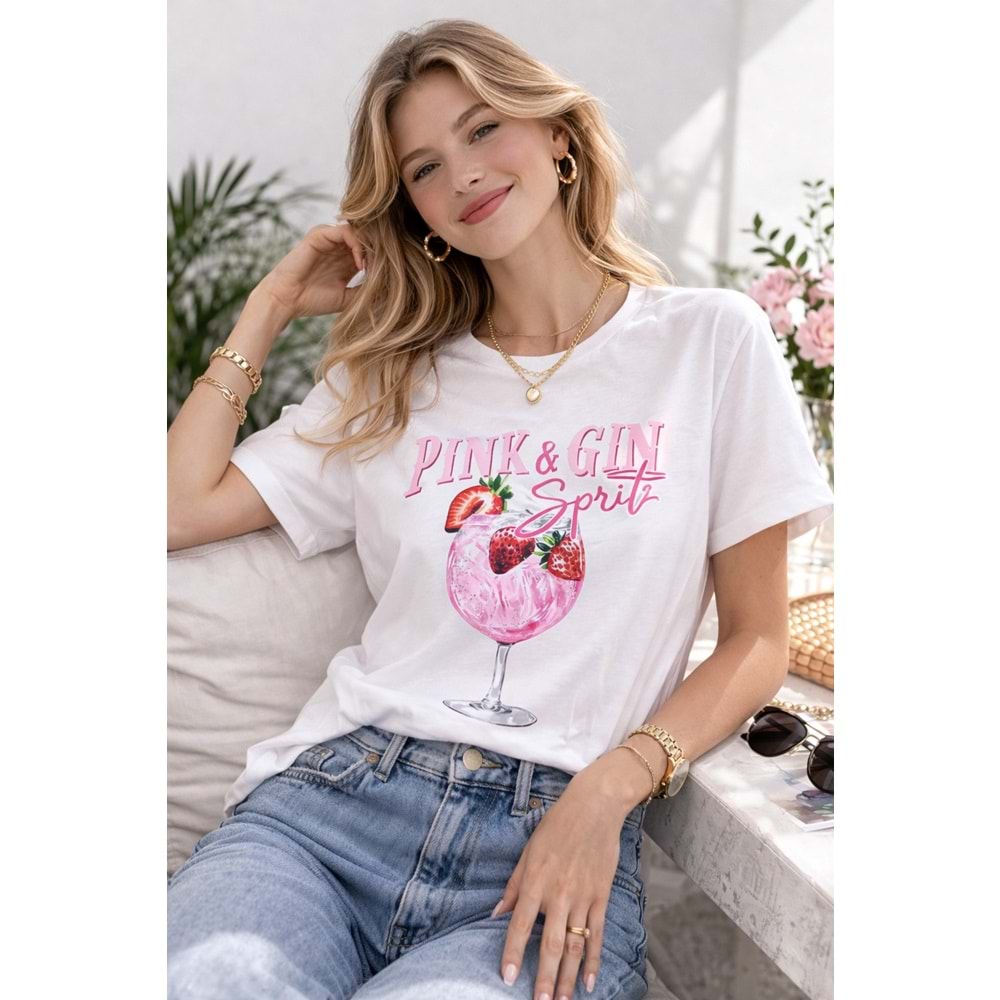 Pink & Gin Spritz Baskılı Beyaz Kadın T-Shirt – Premium Pamuk Yazlık Graphic Model