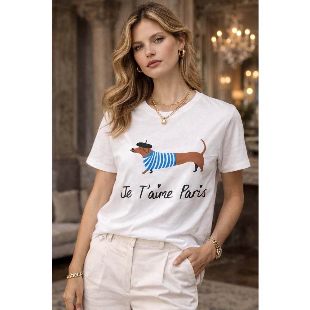 Je T’aime Paris Baskılı Premium Kadın T-Shirt – Fransız Stil Şık Basic - BEYAZ - L