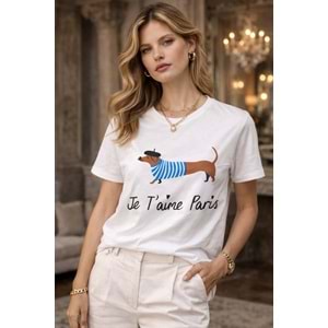 Je T’aime Paris Baskılı Premium Kadın T-Shirt – Fransız Stil Şık Basic - BEYAZ - L