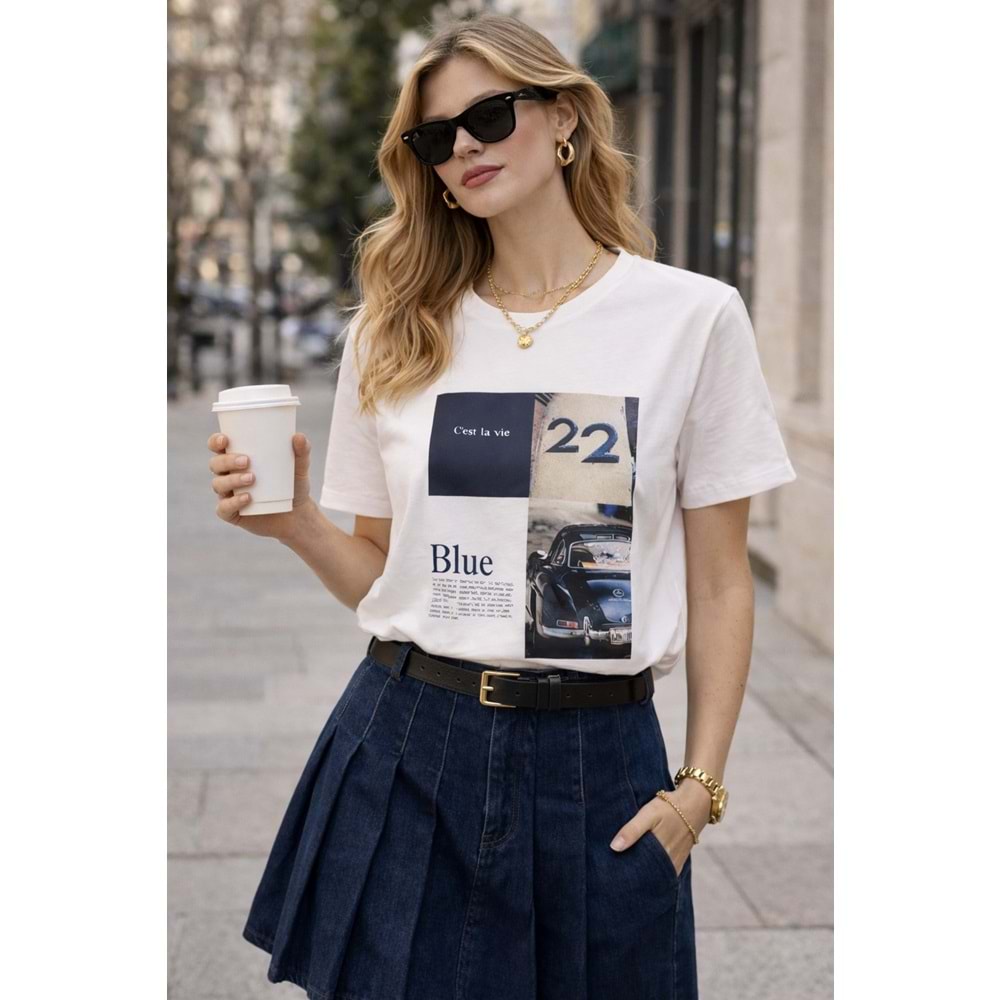 C’est La Vie 22 Blue Vintage Baskılı Kadın T-Shirt | Premium Pamuk Şık Günlük Kombin - ÇOK RENKLİ - L