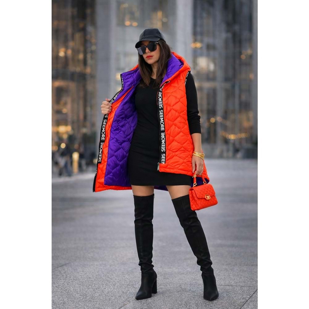 Neon Turuncu Renk Frida Kapitone Dolgulu Şişme Yelek - TURUNCU - M-L