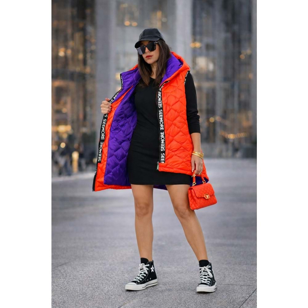 Neon Turuncu Renk Frida Kapitone Dolgulu Şişme Yelek - TURUNCU - M-L