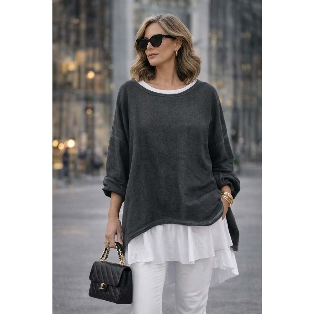 Premium Katmanlı Keten Oversize Bluz – Uzun İç T-Shirt 2 Parça - HAKİ - STANDART