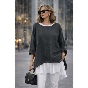 Premium Katmanlı Keten Oversize Bluz – Uzun İç T-Shirt 2 Parça - HAKİ - STANDART