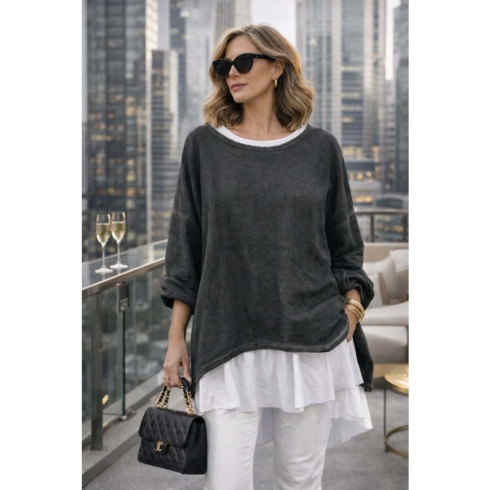 Premium Katmanlı Keten Oversize Bluz – Uzun İç T-Shirt 2 Parça - HAKİ - STANDART