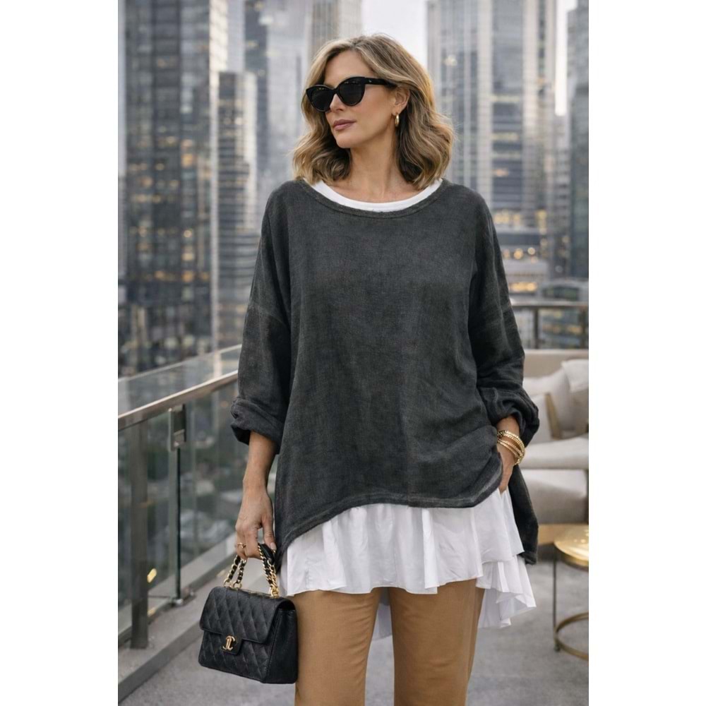 Premium Katmanlı Keten Oversize Bluz – Uzun İç T-Shirt 2 Parça - HAKİ - STANDART