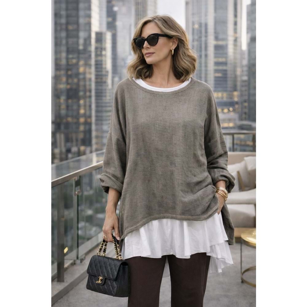 Premium Katmanlı Keten Oversize Bluz – Uzun İç T-Shirt 2 Parça - KAHVERENGİ - STANDART