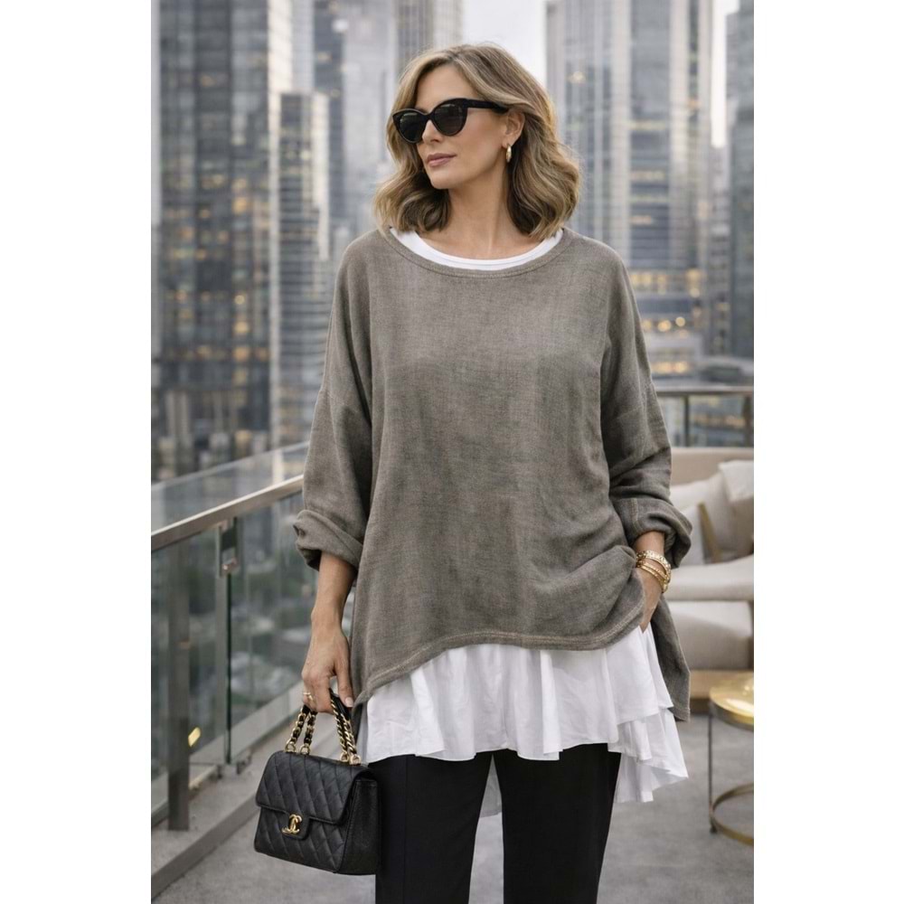 Premium Katmanlı Keten Oversize Bluz – Uzun İç T-Shirt 2 Parça - KAHVERENGİ - STANDART