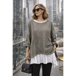 Premium Katmanlı Keten Oversize Bluz – Uzun İç T-Shirt 2 Parça - KAHVERENGİ - STANDART