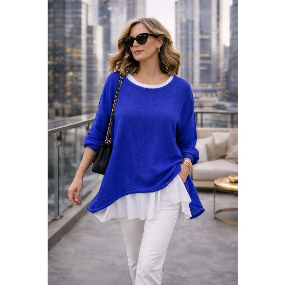 Premium Katmanlı Keten Oversize Bluz – Uzun İç T-Shirt 2 Parça - MAVİ - STANDART