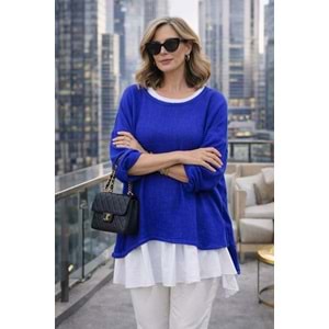 Premium Katmanlı Keten Oversize Bluz – Uzun İç T-Shirt 2 Parça - MAVİ - STANDART