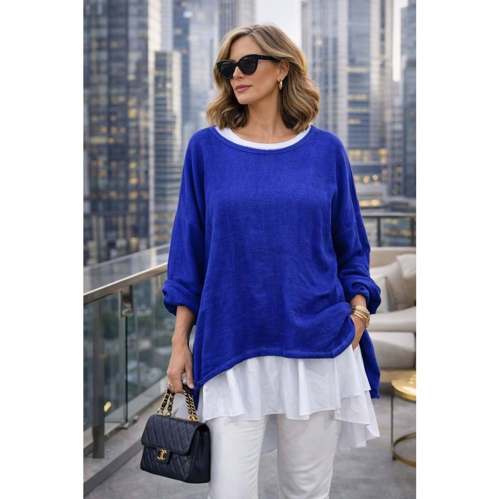 Premium Katmanlı Keten Oversize Bluz – Uzun İç T-Shirt 2 Parça - MAVİ - STANDART