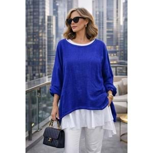 Premium Katmanlı Keten Oversize Bluz – Uzun İç T-Shirt 2 Parça - MAVİ - STANDART