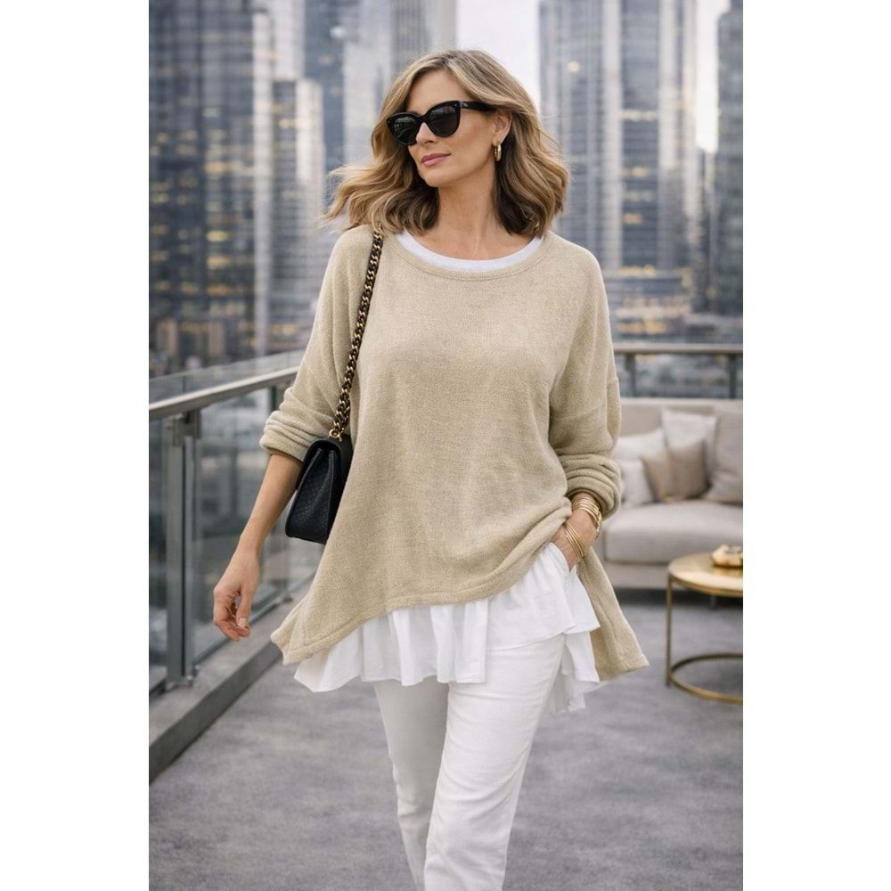 Premium Katmanlı Keten Oversize Bluz – Uzun İç T-Shirt 2 Parça - TAŞ - STANDART